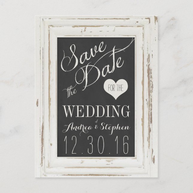 White Rustic Frame Chalk Typography Save the Date Announcement Postcard (Front)