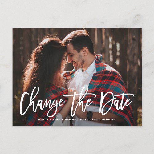 White Rustic Hand Lettered Change the Date Photo Announcement Postcard