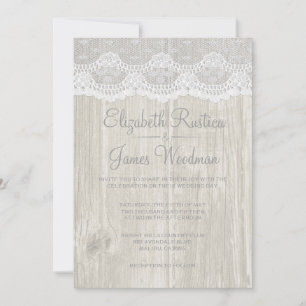White Rustic Lace & Barn Wood Wedding Invitations