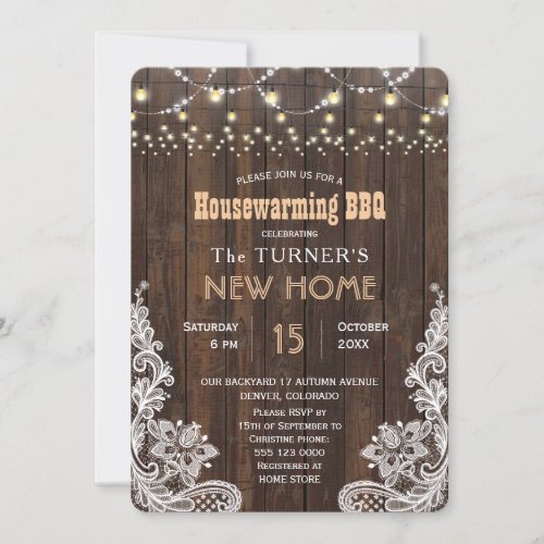 White Rustic Lace String Lights Housewarming BBQ Invitation