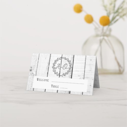 White Rustic Monogram Reception Place Card