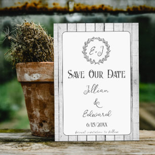 White Rustic Monogram Save The Date Announcement