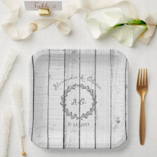 White Rustic Monogram Wedding Shower Paper Plates