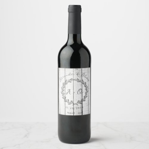 White Rustic Monogram Wedding Wine Label