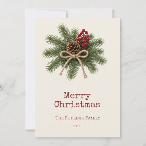 White Rustic Pinecone & Evergreen Merry Christmas Holiday Card