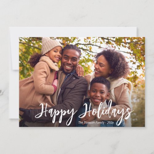 white rustic script photo happy holidays card