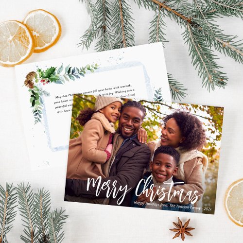 white rustic script photo holiday card