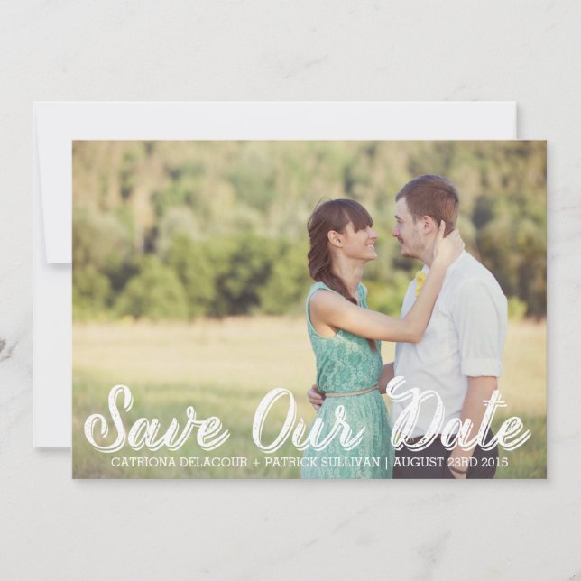 White Rustic Script Save Our Date Announcement (Front)