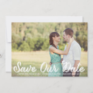 White Rustic Script Save Our Date Announcement