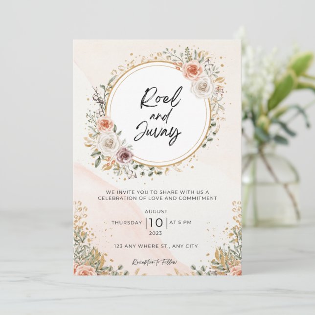 White Rustic Watercolor Floral Free Wedding Invitation (Standing Front)