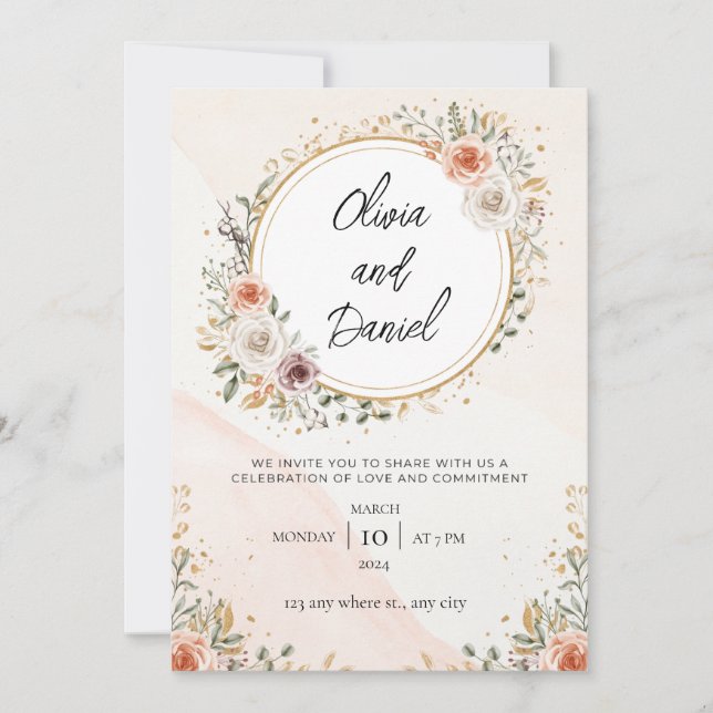 White Rustic Watercolor Floral Free wedding Invitation (Front)