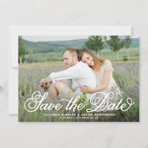 White Rustic Whimsical Script Floral Photo Save The Date