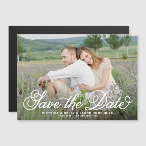White Rustic Whimsical Script Photo Save the Date Magnetic Invitation