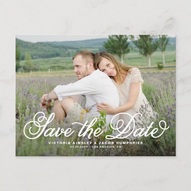 White Rustic Whimsical Script Photo Save the Date Postcard (Front)