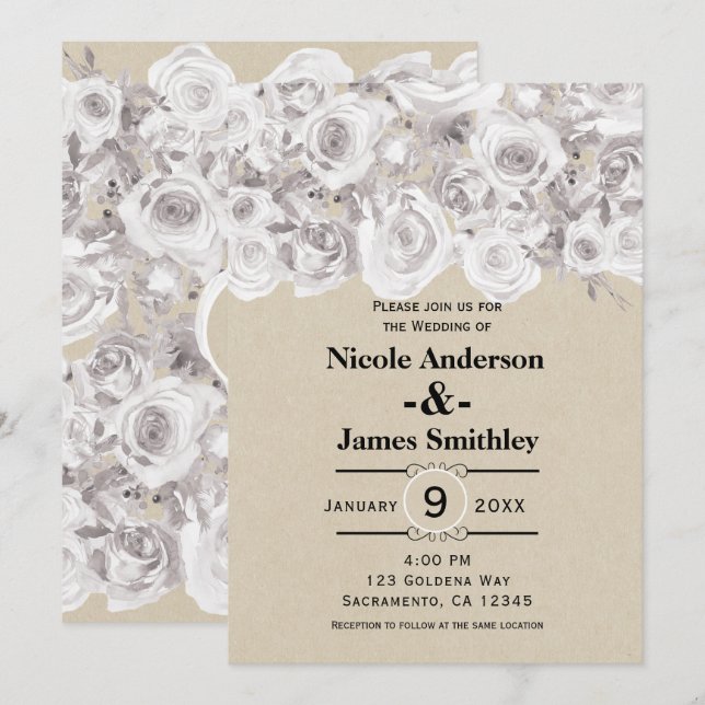 White Rustic Winter Roses Kraft Wedding Invitation (Front/Back)
