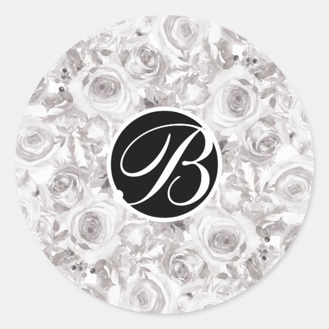 White Rustic Winter Roses Monogram Letter Initial Classic Round Sticker (Front)