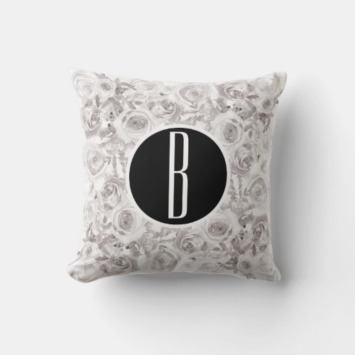 White Rustic Winter Roses Monogram Letter Initial Throw Pillow