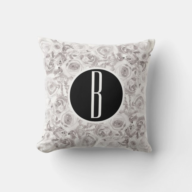 White Rustic Winter Roses Monogram Letter Initial Throw Pillow (Front)
