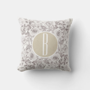 White Rustic Winter Roses Monogram Letter Initial Throw Pillow
