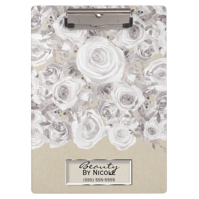 White Rustic Winter Roses Shabby Chic Kraft Clipboard (Front)