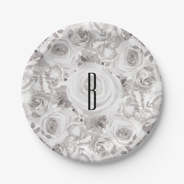White Rustic Winter Roses Wedding Elegant Paper Plates (Front)