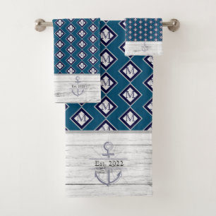 White Rustic Wood Beach House Lake House  Blue Bath Towel Set