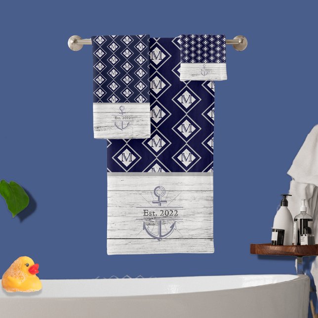 White Rustic Wood Beach House Lake House Navy Blue Bath Towel Set (Creator Uploaded)