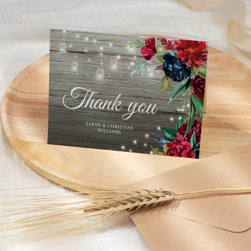 White Rustic Wood Burgundy Floral Lights Wedding Thank You Card