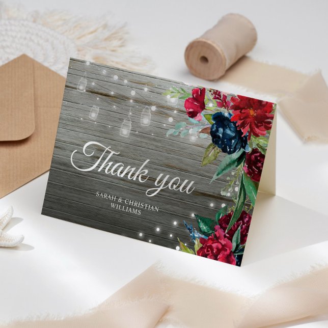 White Rustic Wood Burgundy Floral Lights Wedding Thank You Card (Creator Uploaded)
