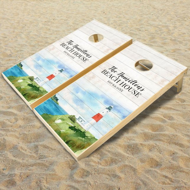 White Rustic Wood Lighthouse Family Beach House Cornhole Set (A perfect cornhole set for your beach party, featuring a lighthouse by the ocean.)