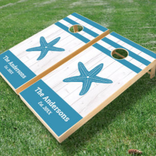 White rustic wood teal starfish family beach house cornhole set
