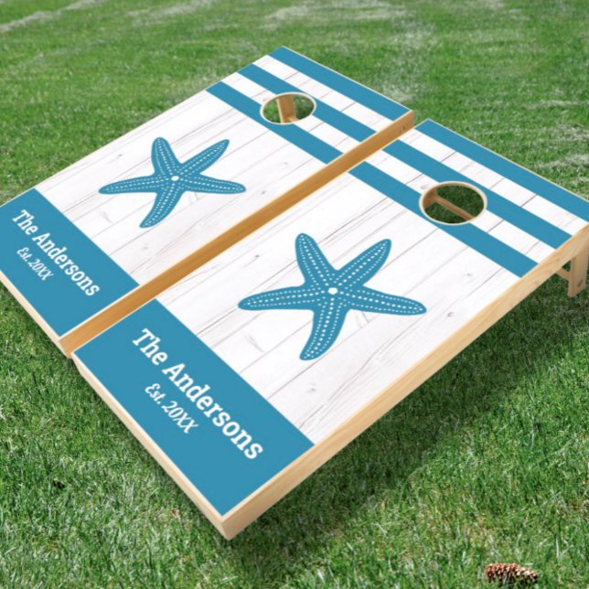 White rustic wood teal starfish family beach house cornhole set (Creator Uploaded)