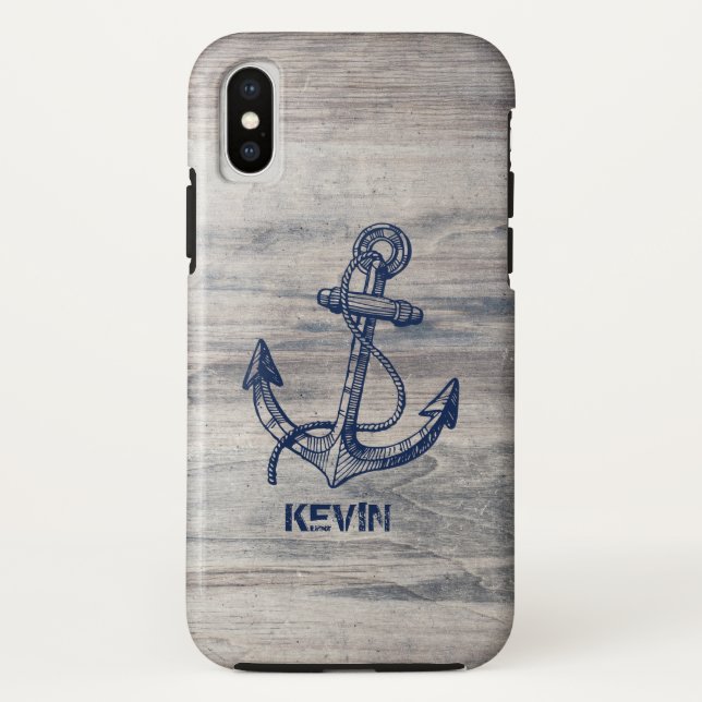 White Rustic Wood With Blue Nautical Boat Anchor Case-Mate iPhone Case (Back)