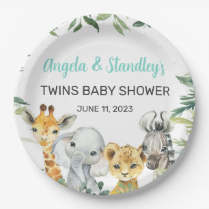White safari animals baby shower paper plates. plates