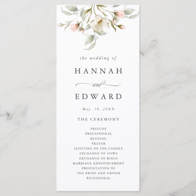 White Sage Blush Elegant Floral Wedding Ceremony Program (Front)