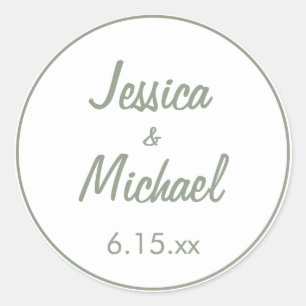 White Sage Green Bride Groom Script Wedding Classic Round Sticker