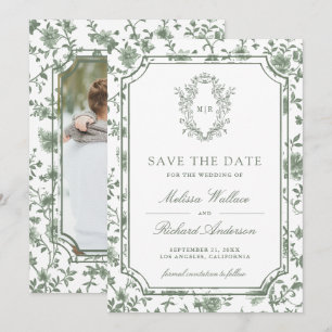 White Sage Green Chinoiserie Crest Photo Wedding Save The Date