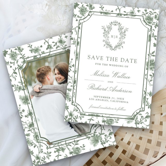 White Sage Green Chinoiserie Crest Photo Wedding Save The Date (Creator Uploaded)