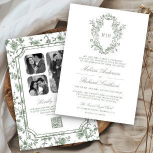 White Sage Green Chinoiserie Crest QR Code Wedding Invitation