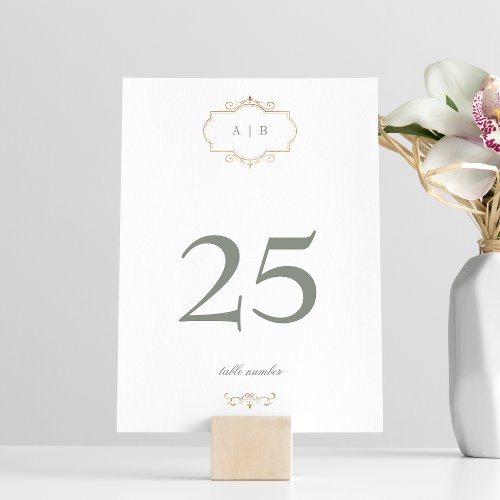 white sage green classic gold monogram wedding table number