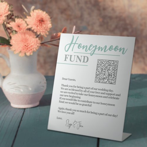  White  Sage Green Elegant QR Code Honeymoon Fund Pedestal Sign