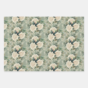 White Sage Green Floral Botanical Gift Wrapping Paper Sheets