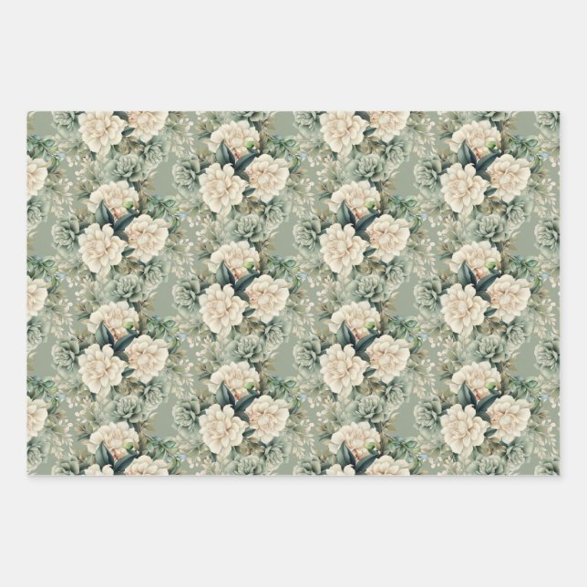 White Sage Green Floral Botanical Gift Wrapping Paper Sheets (Front)