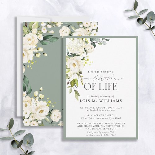 White Sage Green Floral Celebration of Life Invitation