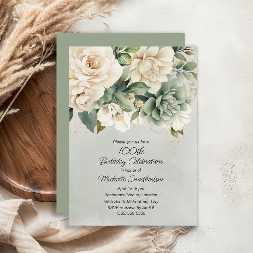 White Sage Green Floral Gold 100th Birthday