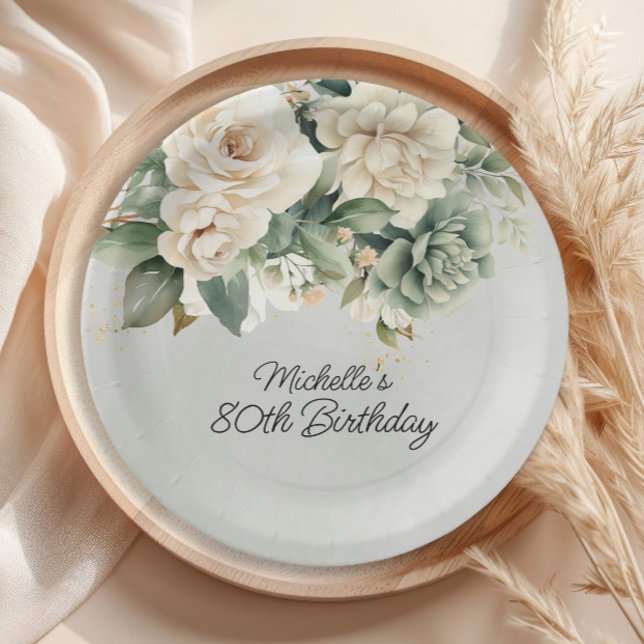 White Sage Green Floral Gold 80th Birthday Paper Plates (White and sage green floral birthday party paper plates)