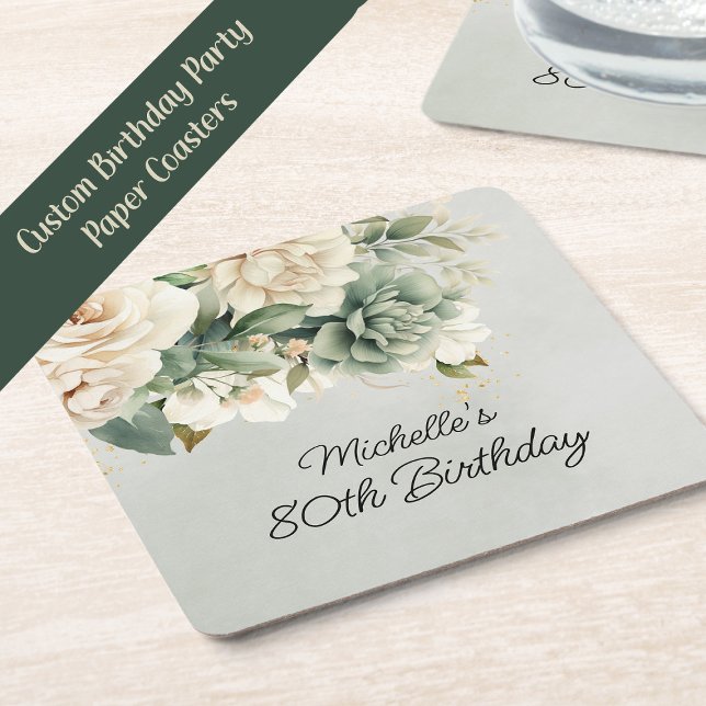 White Sage Green Floral Gold 80th Birthday Square Paper Coaster (White and sage green 80th birthday party paper coasters)