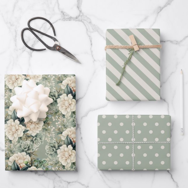 White Sage Green Floral Striped Polka Dots Wrapping Paper Sheets (Front)