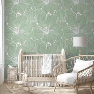White sage-green floral tile pattern wallpaper