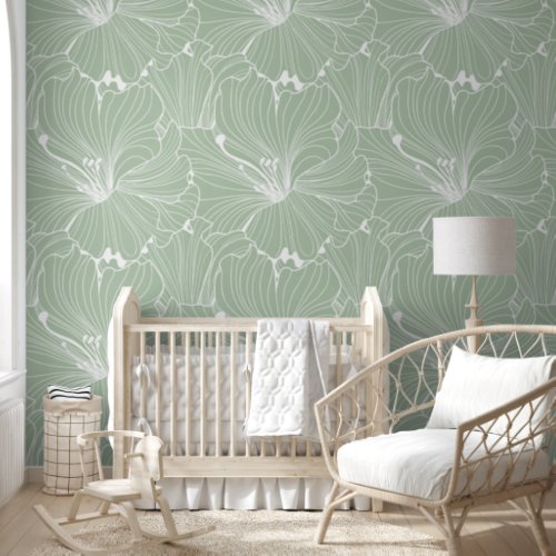 White sage_green floral tile pattern wallpaper 